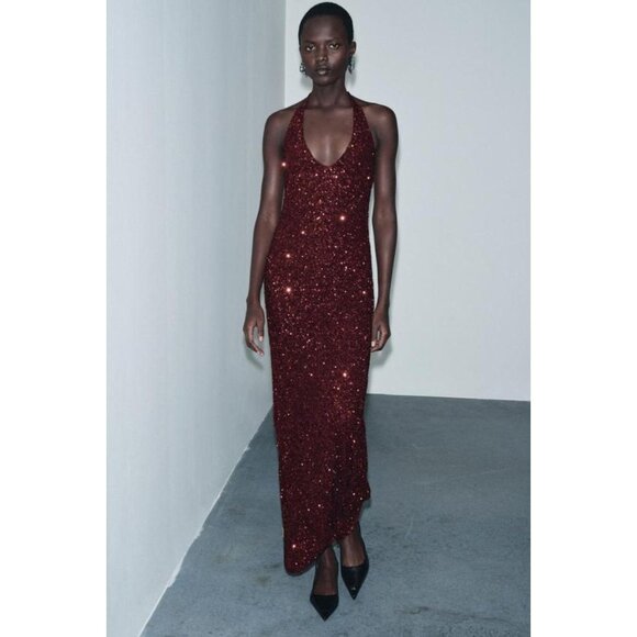 ZARA SEQUIN V-NECK DRESS - Picture 5 of 9